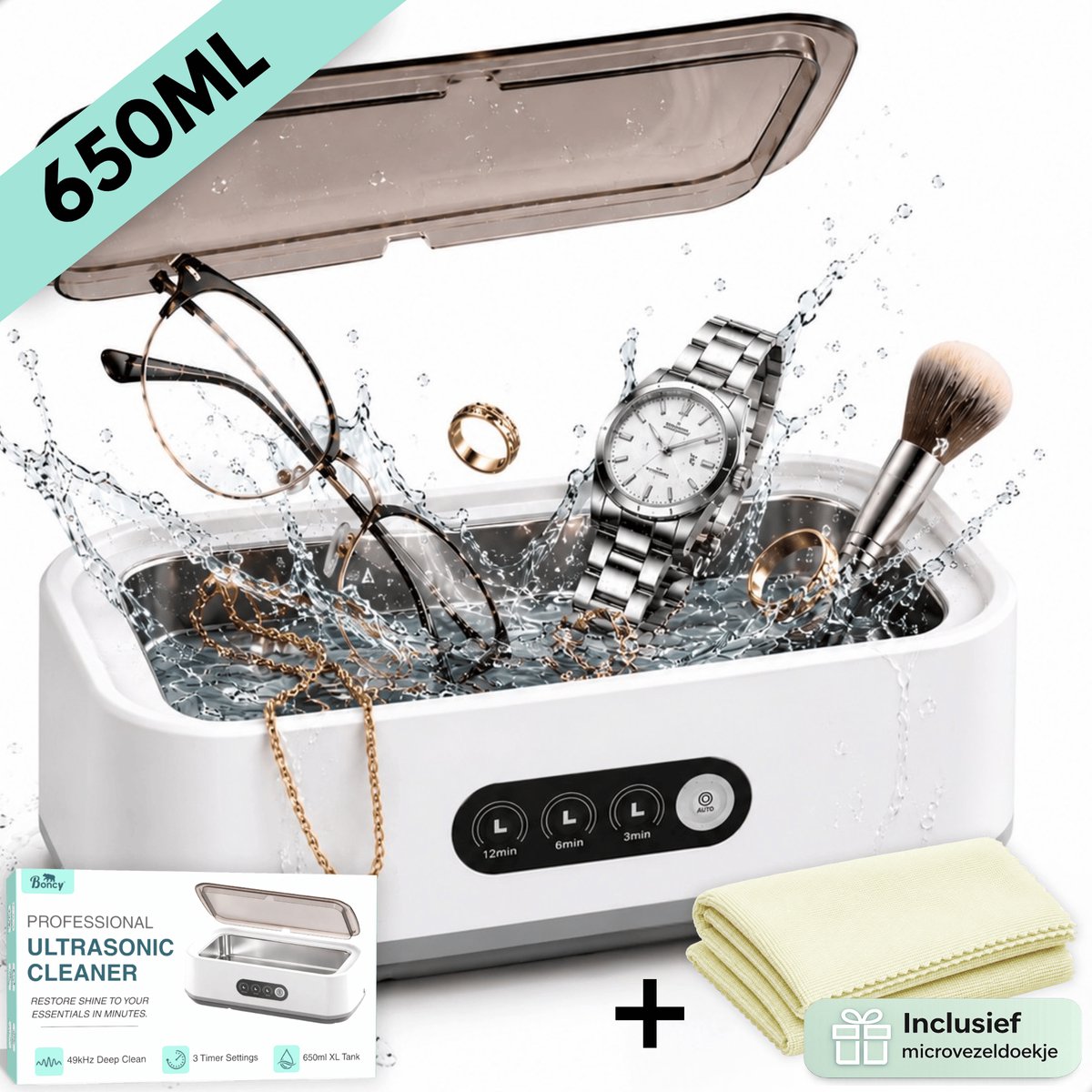 Boncy® Ultrasoon Reiniger - Ultrasone Brillenreiniger - Ultrasonic Cleaner Brillenbad 650ml - Ultrasoonreinigers - Bril Schoonmaken Apparaat - Reinigingsapparaat voor Sieraden Brillen Horloge Juwelen - Inclusief Microvezeldoekje - 3 Timer Standen