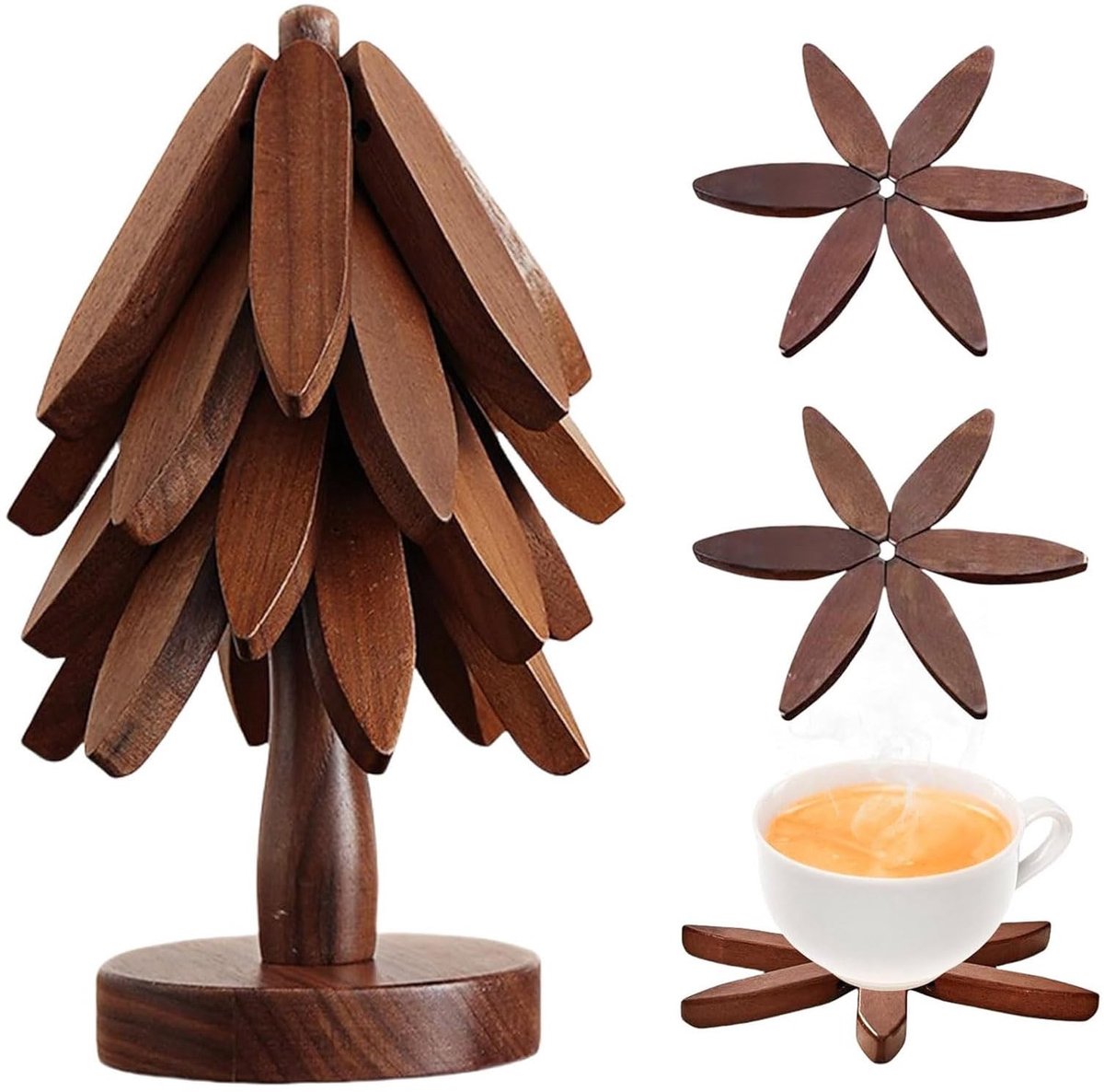 Dailygoods- Onderzetters Houten Set van 4 - Antislip - Hittebestendig - Onderzetters voor Glazen/Pannen - Opvouwbare Boomvorm - Keuken/Tafeldecoratie - Placemats