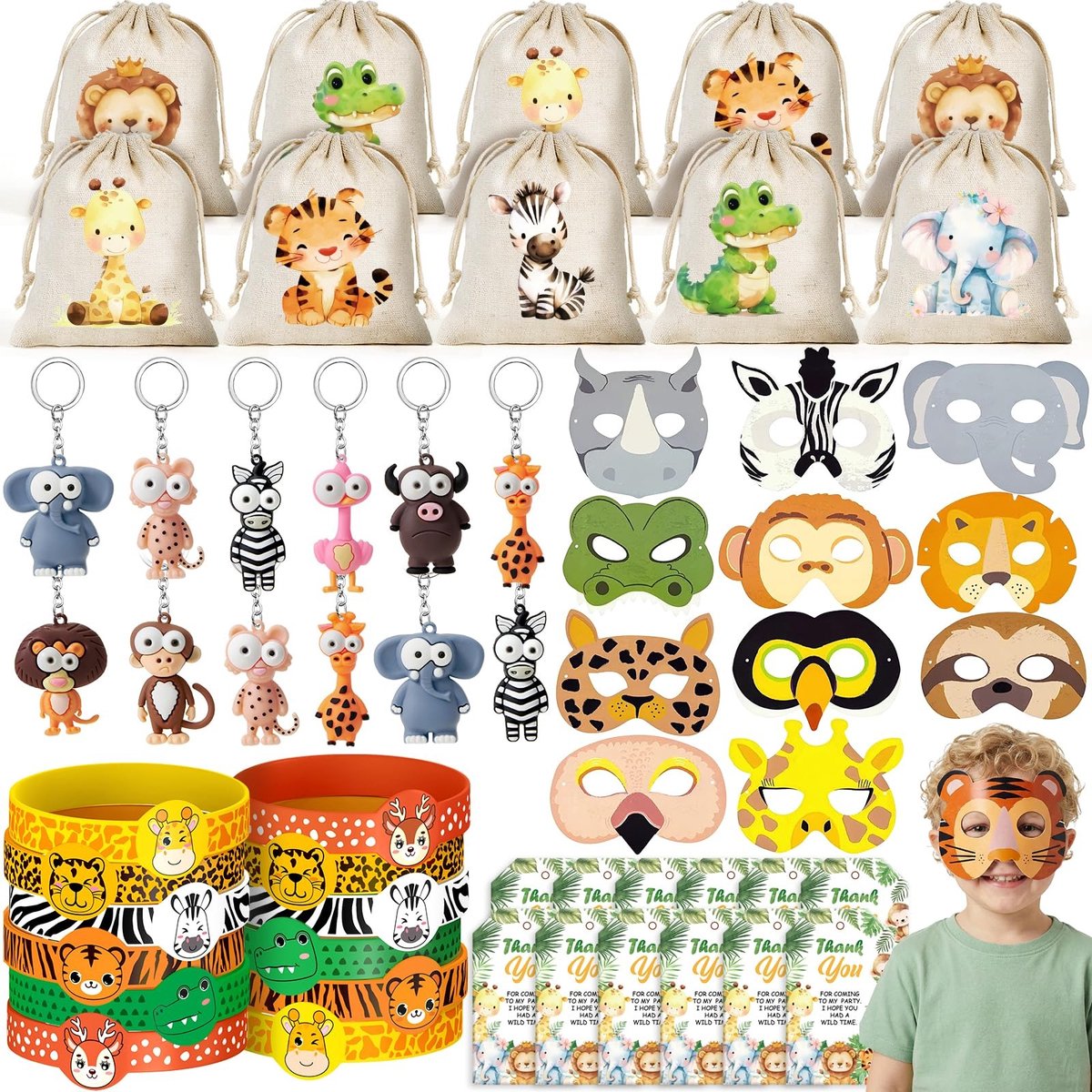 Dailygoods- Uitdeelartikelen Dschungel Thema - Dierenmaskers - Sleutelhangers - Siliconen Armbanden - Cadeauzakjes - Verjaardag Give Aways - Feestartikelen