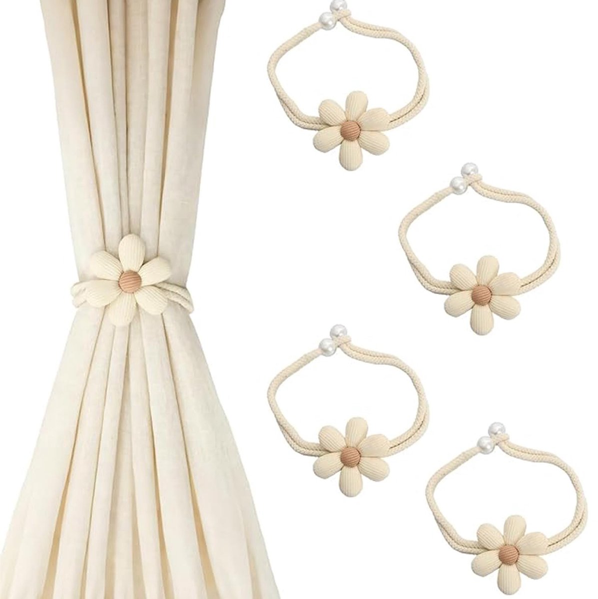 Dailygoods- Gordijnhouder 4 Stuks - Katoen/Touwgesp - Bloemen - Gordijnbinder - Decoratief - Verstelbaar 50 cm - Gordijnbinders