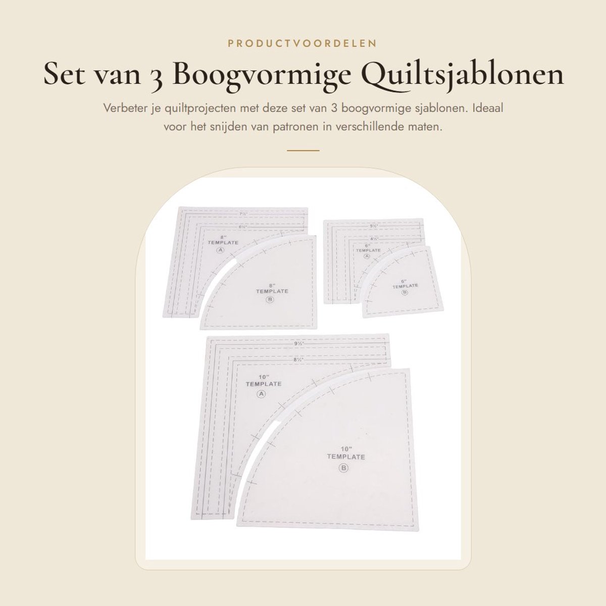 Dailygoods- Quiltsjablonen Boogvormige Linialen - 3 Sets 10/8/6 Inch - Naadtoeslag 1/4 Inch - Knutselgereedschap - Efficiënt Ontwerp - Snijliniaal