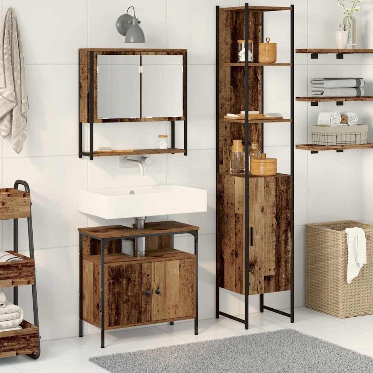 Badkamermeubelset 3-delig - Badkamerkast set - Badkamer Organiseren - Oude houtlook - 33x185.5 cm - Houtkleur