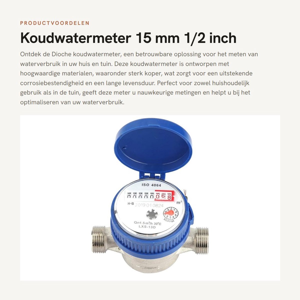 Dailygoods- Koudwatermeter 15 mm - Watermeter voor huis en tuin - Hoogwaardig koper - Antioxiderend - Compact en eenvoudig te installeren - Duidelijke wijzerplaat