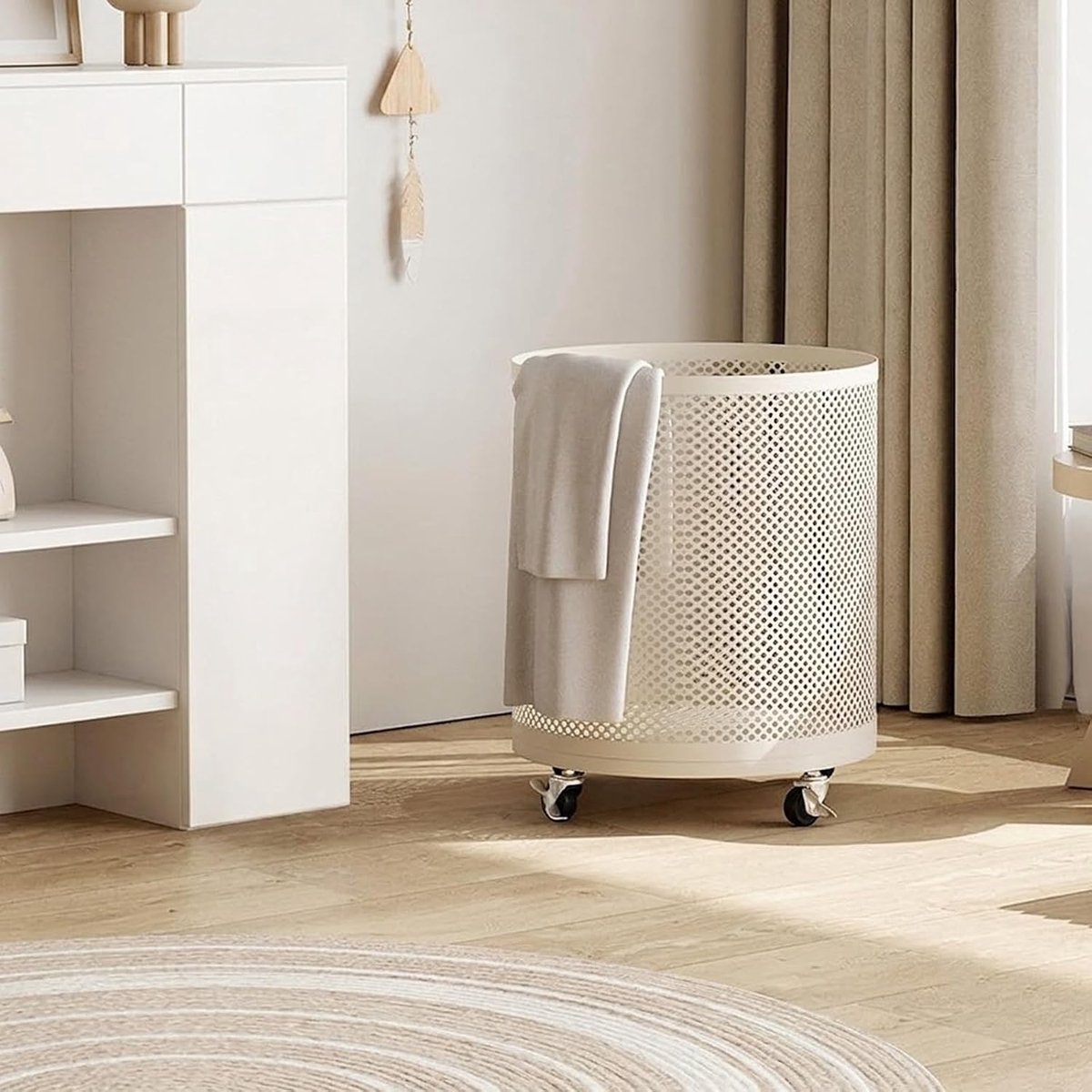 Wasmand Met Wielen Opbergmand Kledingmand Kleding Opbergen Ventilerend Mesh Ontwerp 30x36cm Wit