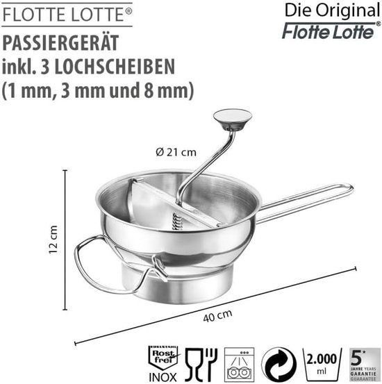 Passeerapparaat Keuken - Apparaat Passen - Fruit Groenten Passen - Drie RVS Schijven - 2 Liter Volume - Zilver — afbeelding 3
