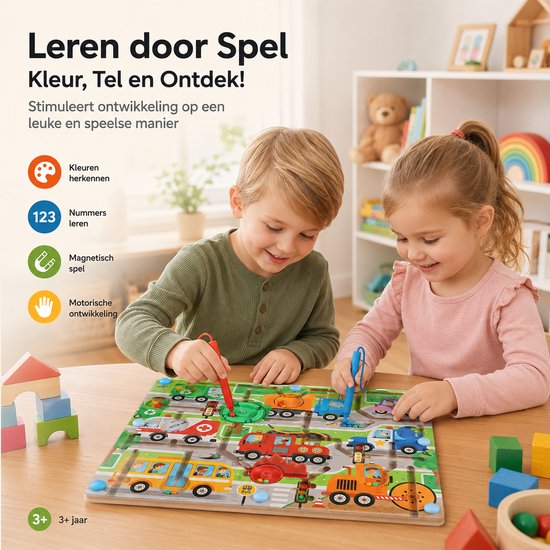 BOTC Magnetisch Doolhof - Houten Montessori Puzzel met Magnetische Pen - Kleuren & Cijfers Leren - Motoriek Speelgoed vanaf 3 Jaar - Auto’s & Verkeer van BOTC — afbeelding 5