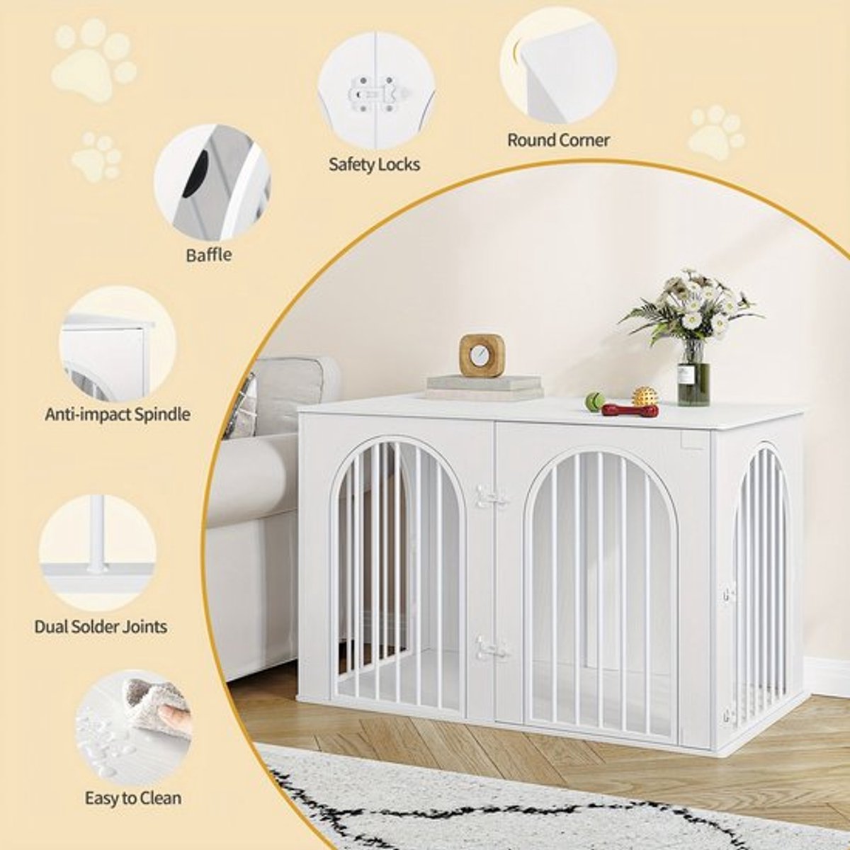 Hondenbench – Hondenkooi – Hondenhok – Huisdierbench – Hondenruimte – Wit – 108 x 64 x 76 cm – Stevig materiaal met 3 deuren en gebogen deur