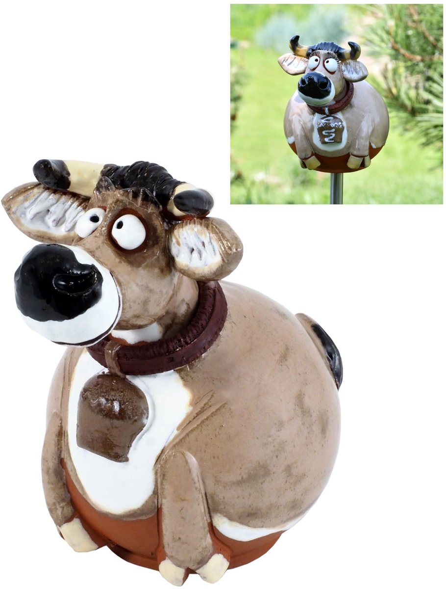 Dailygoods- Tuinsteker Alpenkoe met bel - Tuindecoratie - Weerbestendig - Handgemaakt - Keramiek - Vorstbestendig - Tuinbeeld