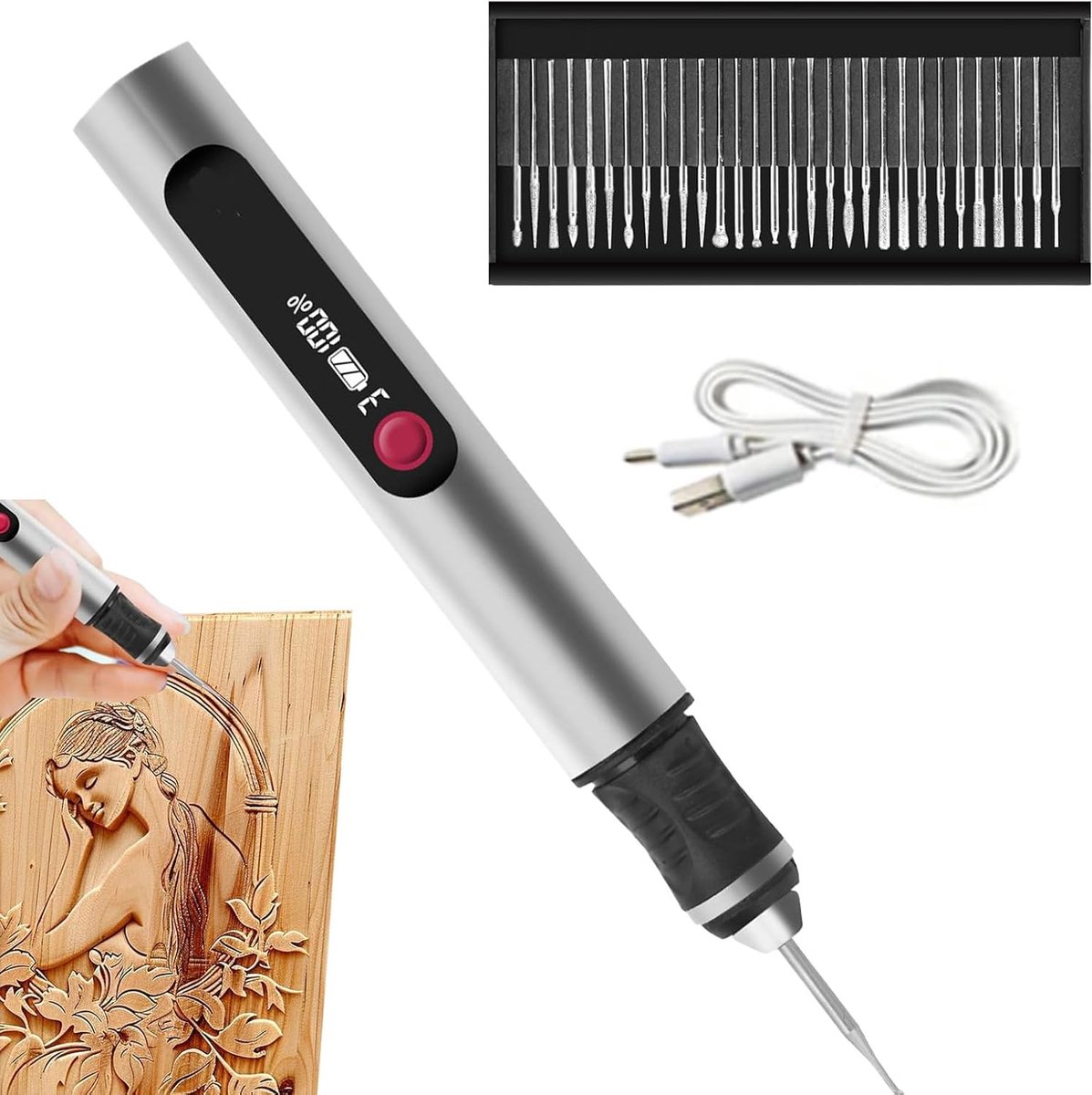 Graveerstift - Graveerpen Metaal - Sieraden Maken - Instelbare Snelheden - 30 Boren - Zilverkleurig