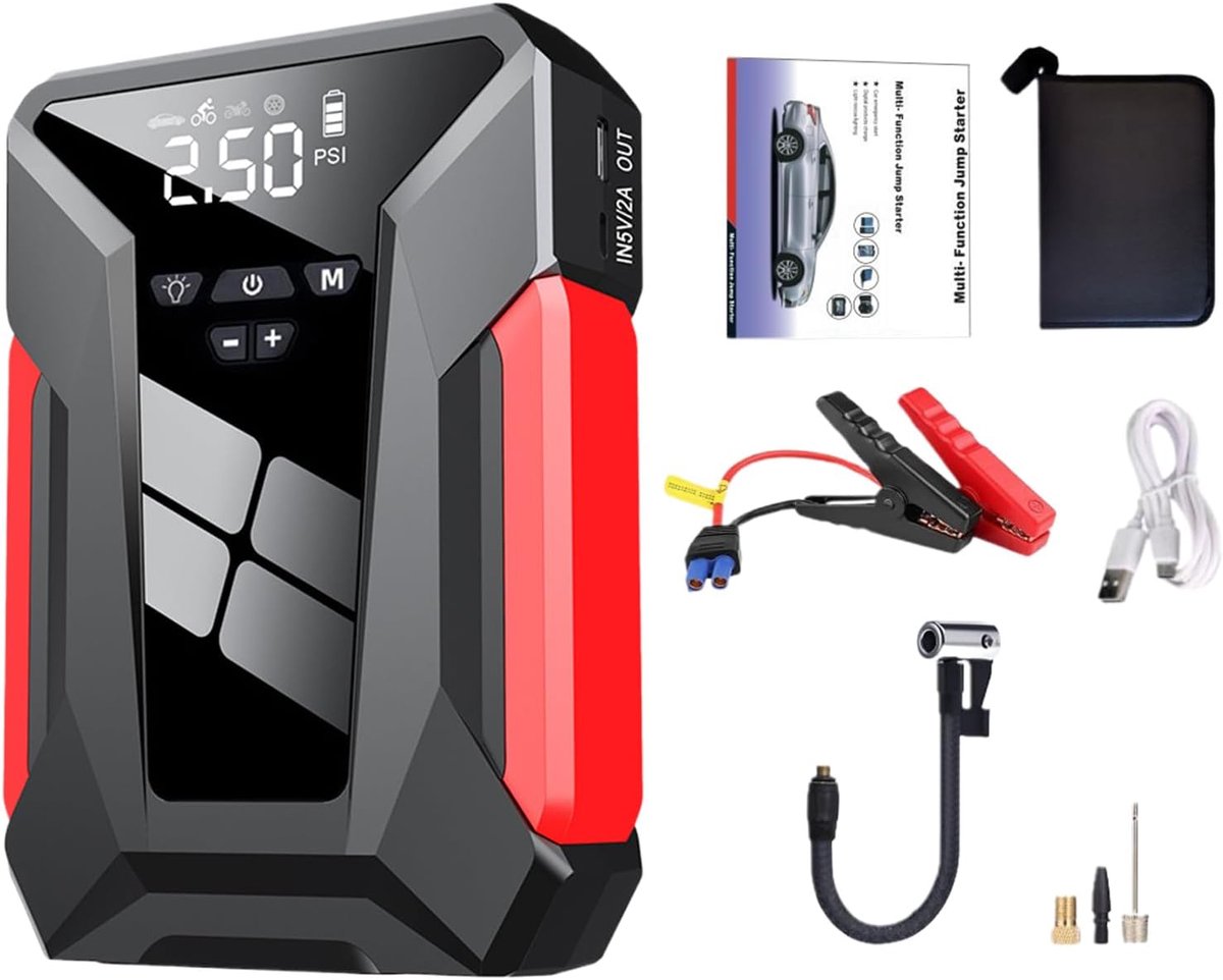 Auto Start Booster - Noodstroom Batterij - Reizen en Werk - Met Bandenpomp - 20x13x5 cm - Veelkleurig