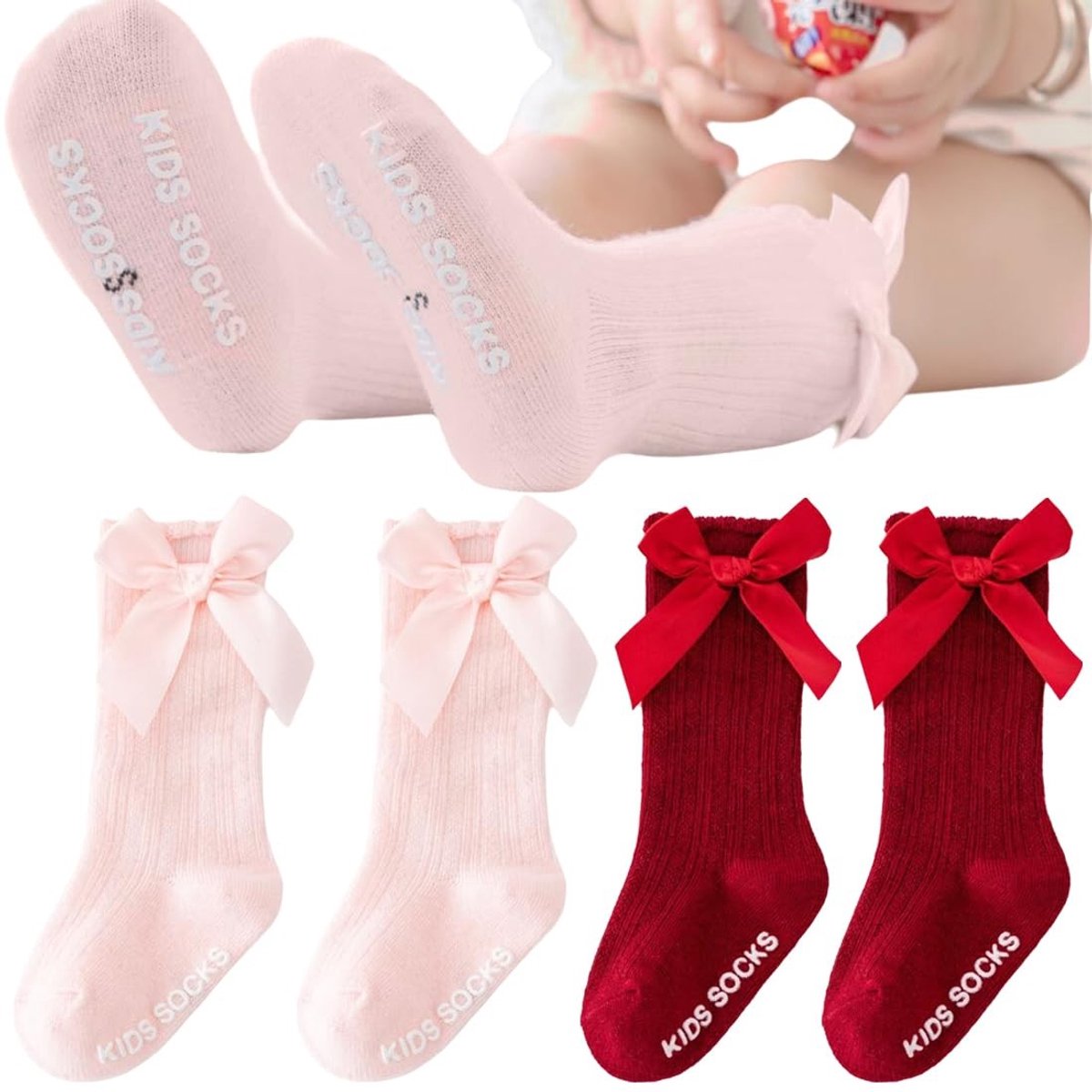 Dailygoods- Kniekousen Dames - 2 Paar Katoenen Knielange Sokken - Antislip - Strik - Veilig en Duurzaam - Ademend Materiaal - Babysokken