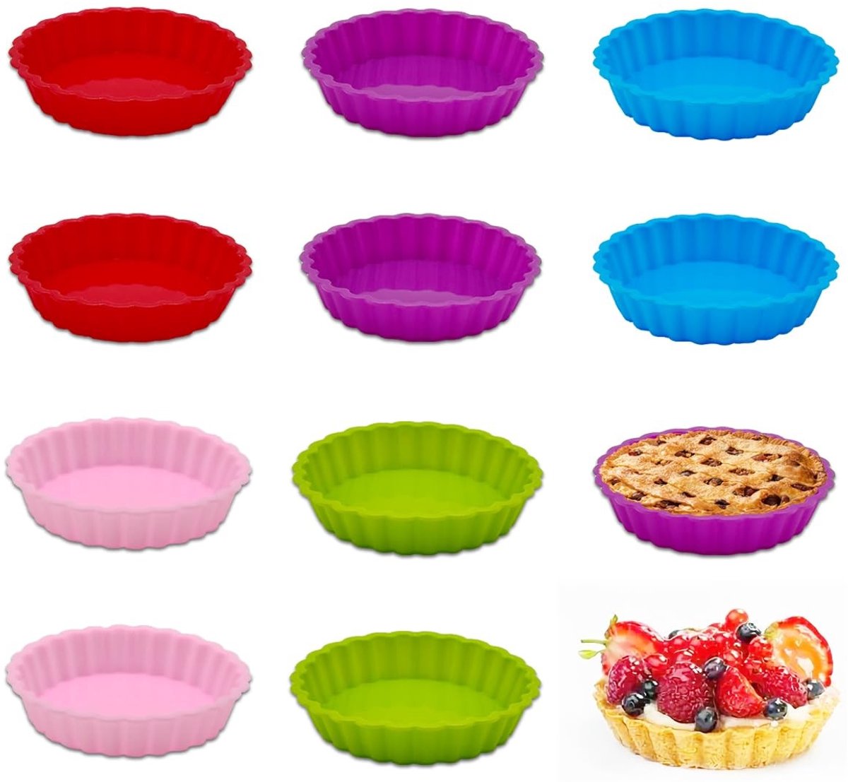 Dailygoods- Tarteletvormpjes 10 stuks - Siliconen Taartbodemvorm - Mini Taartvorm 11 cm - Anti-aanbak - Hittebestendig - Herbruikbaar - Bakvorm