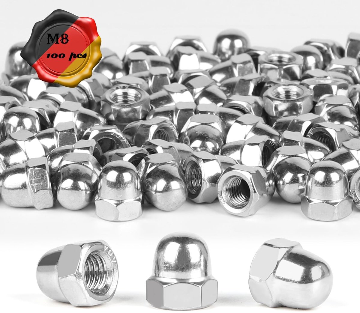 Dailygoods - M8 zeskantmoeren, 100 stuks, DIN 1587, zeskantmoeren, roestvrij staal, A2, V2A, koepel, zeskantmoeren, beschermkappen voor schroeven, schroefdraadbouten, draadstangen