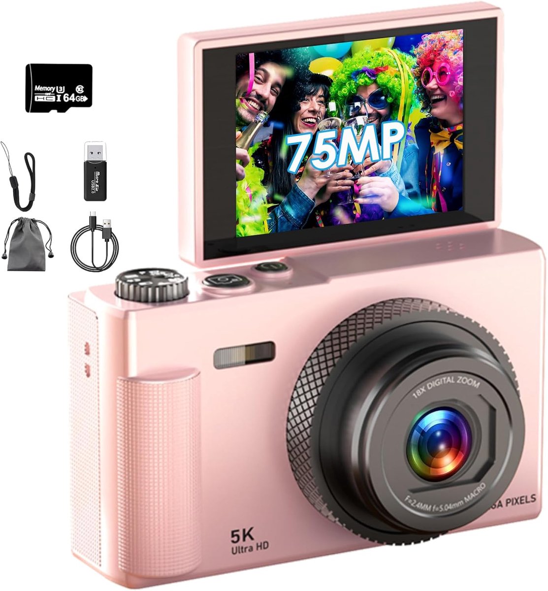 Digitale Camera – UHD 5K 75MP Digitale Camera met 64GB Micro SD-kaart – 180° Draaibaar 2,83" Scherm – 18X Zoom – Anti-trillingsfunctie – Compacte Camera – Geschikt voor Kinderen, Volwassenen en Beginners (Roze)