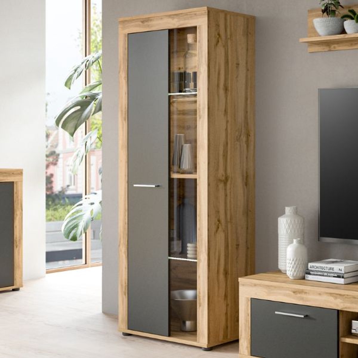 Vitrinekast Jam - 60x35x159cm - 1 Deur - Wotan Eik/antraciet