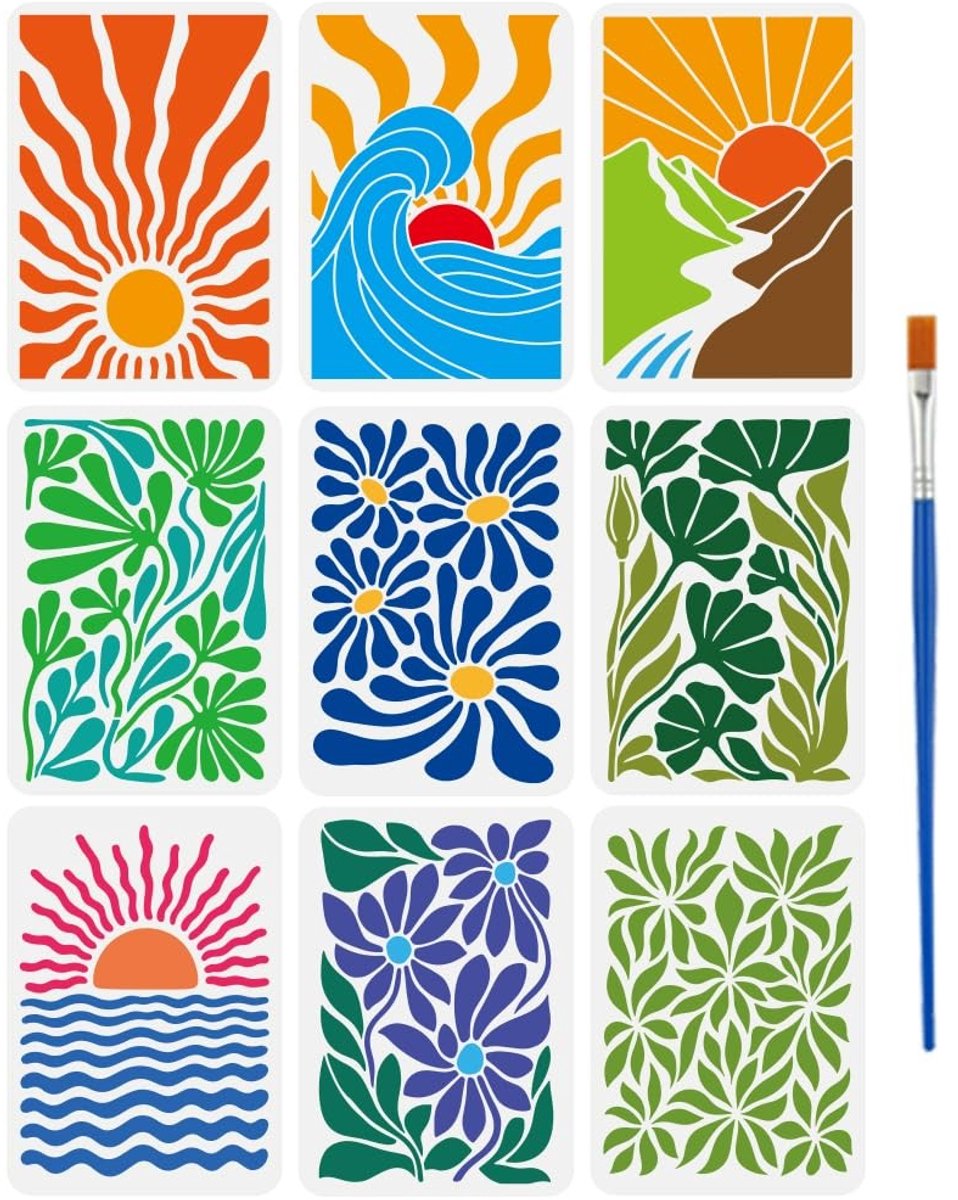 Dailygoods - Natuursjabloon Set van 9 - Herbruikbare Abstracte Sjablonen voor Schilderen