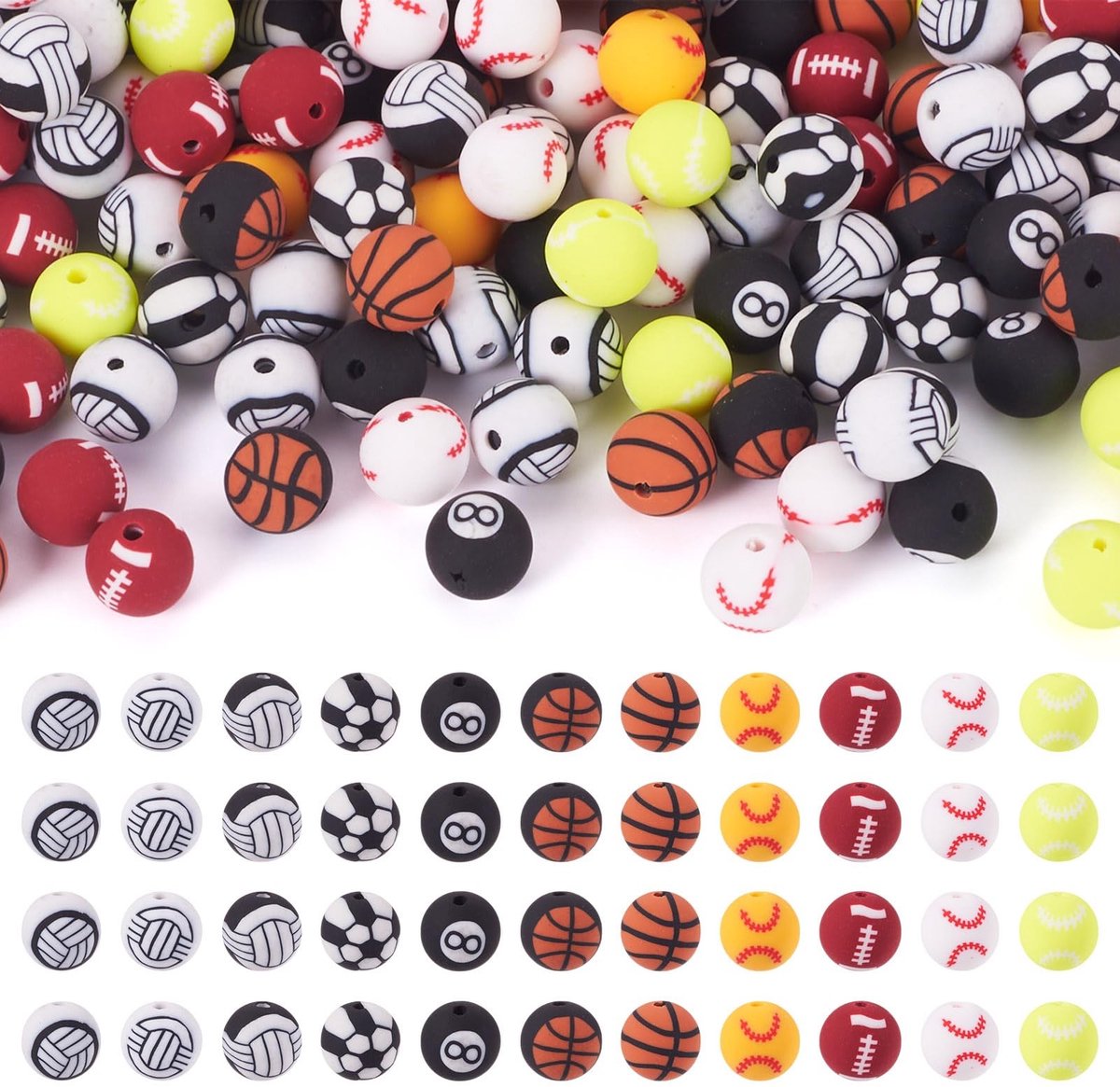 Dailygoods- Kralen Set 220 Stuks - Polymeer Klei - Sportthema - 11 Stijlen - Ronde Kralen - 9,5-10 mm Diameter - Gat 1,5-2 mm - Sieraden