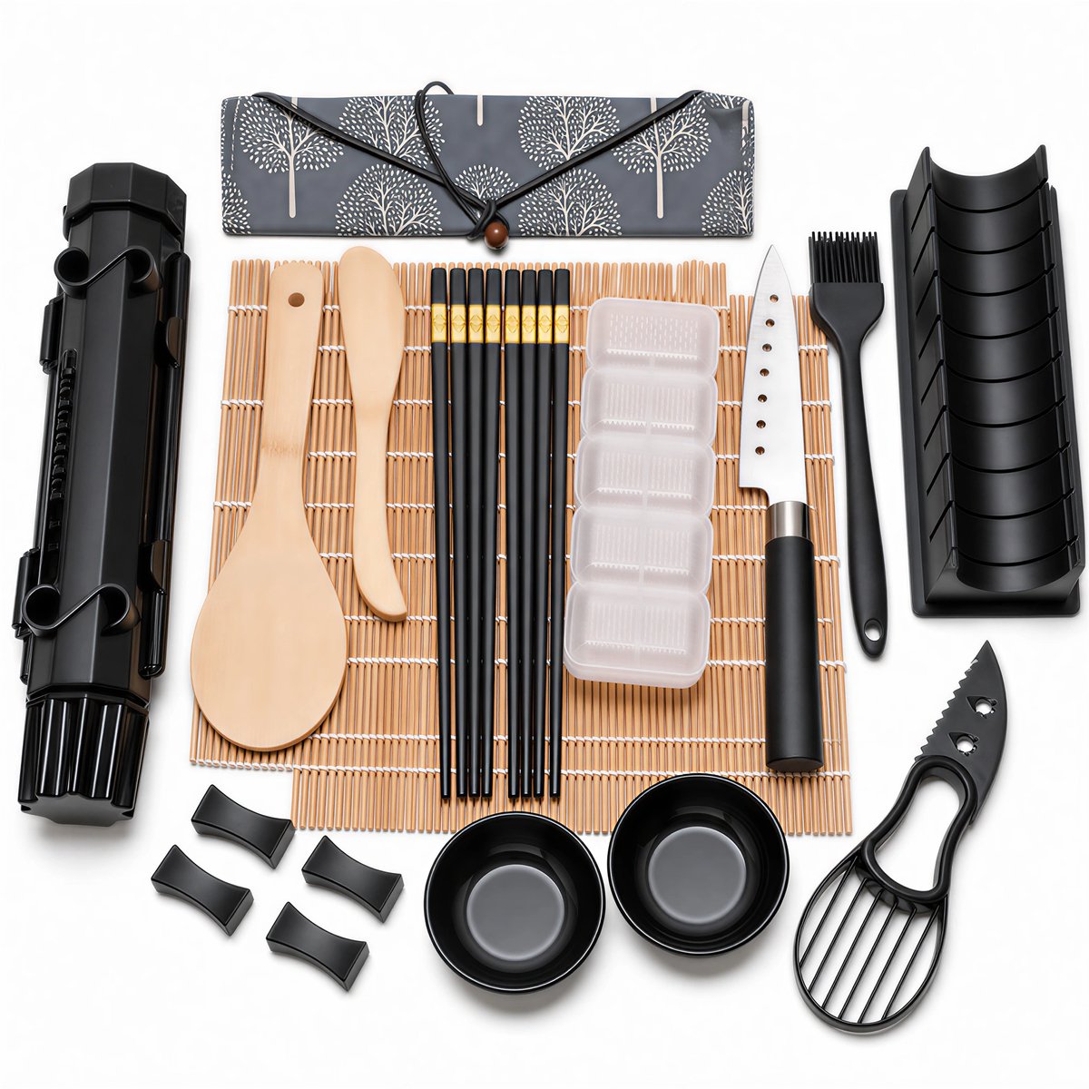 Sushi Maker Set 21-Delig Complete Sushi Bazooka Kit – Inclusief 2 Bamboe Matten Mesjes Vormen Mallen & 4 Metalen Eetstokjes – Sushi Maakset voor Beginners Thuiskoks & Gezinnen – Met Engelstalige Handleiding & Geschenkdoos – Voedselveilig Materiaal