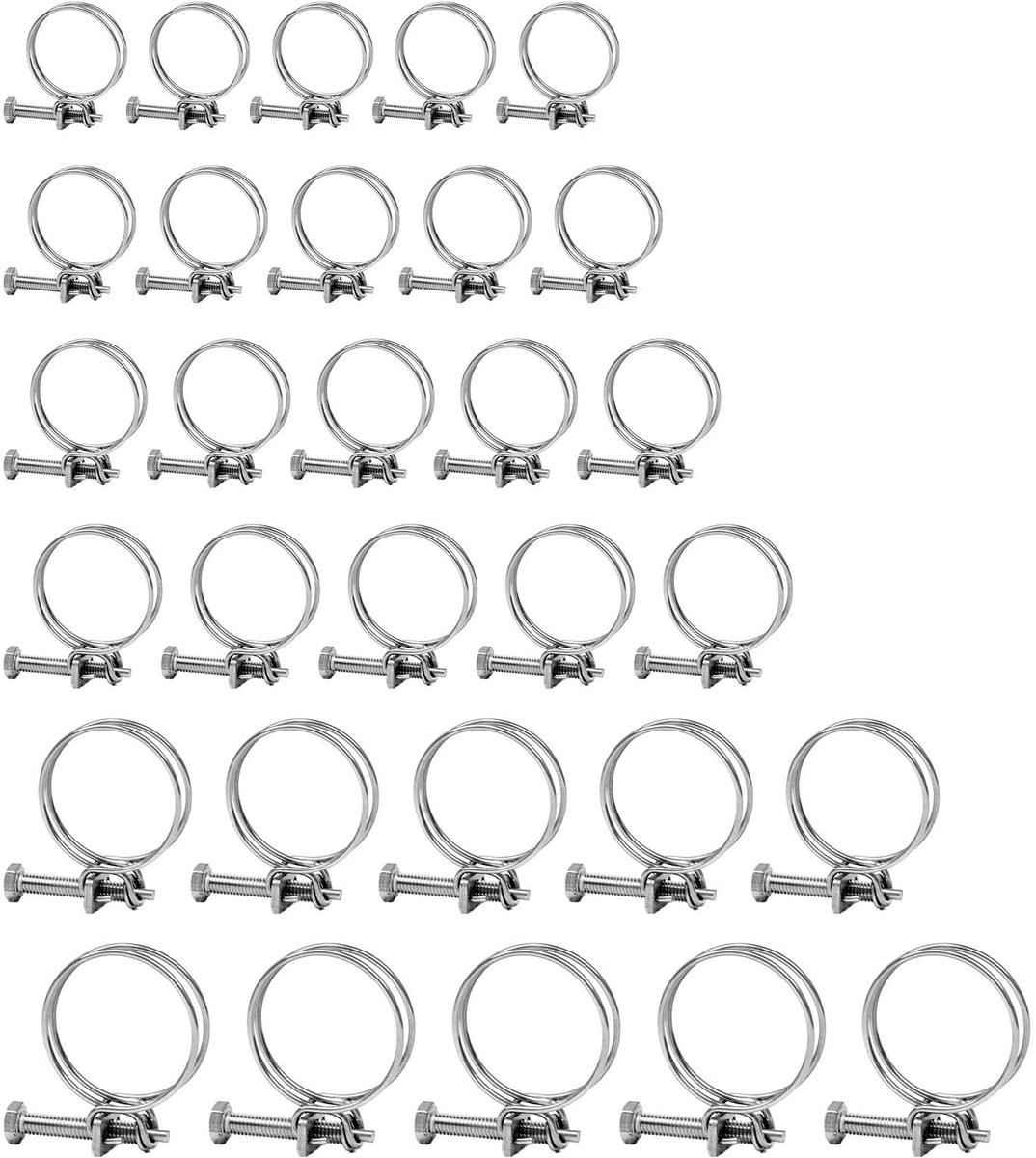 Dailygoods- Slangklemmen Set 30 Stuks - Dubbeldraadslangklemmen - Roestvrij Staal - Maten 14-17/16-19/21-25/28-32/32-36/36-40 mm - Ideaal voor Reparaties - Corrosiebestendig - Buisklemmen