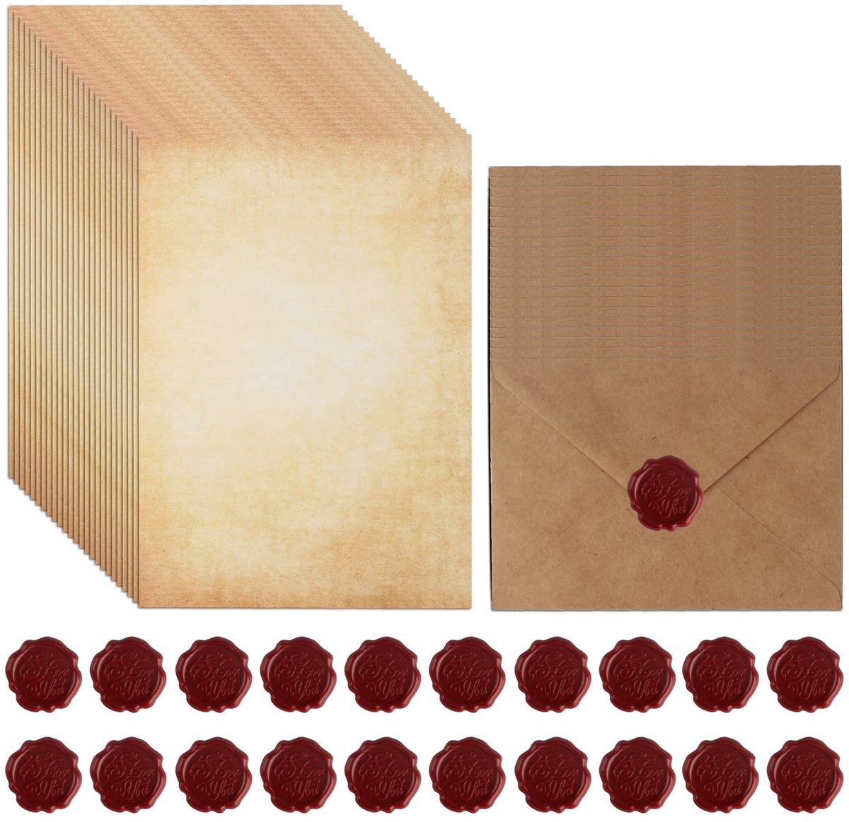 Dailygoods- Briefpapier Vintage 65 Stuks - Kraftpapier - Enveloppen - Waszegelstickers - Scheurvast - Hoogwaardig Materiaal - Schrijfset
