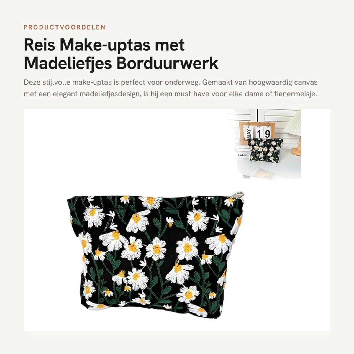 Dailygoods- Make-uptas met ritssluiting - Toilettas met madeliefjesborduurwerk - Organizer voor reizen - Hoogwaardig canvasmateriaal - Duurzaam en wasbaar - Elegant design