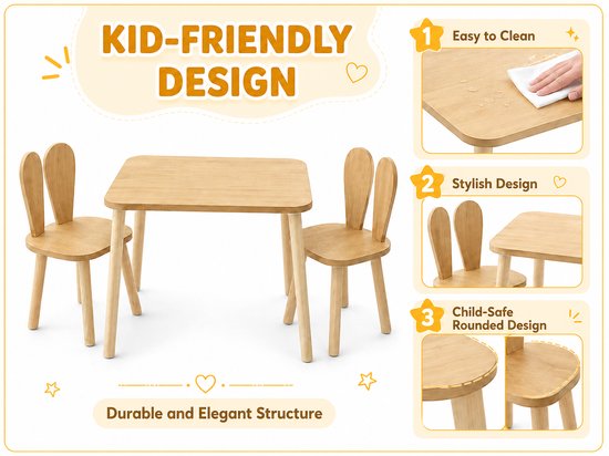Houten kindertafel met twee stoeltjes met konijnenoren. Makkelijk schoon te maken.