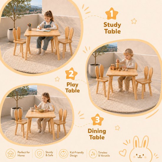 Drie afbeeldingen van een houten kindertafel met konijnenoor stoeltjes, gebruikt als studie-, speel- en eettafel.