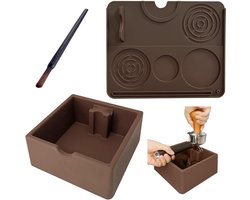 Dailygoods - 3 in 1 koffie klopdoos, sabotage mat met borstel, bruine siliconen vierkante espresso gemalen container, 20x25cm Espresso Mat, vaatwasmachinebestendig, antislip, 51mm/53mm/58mm Barista Grade