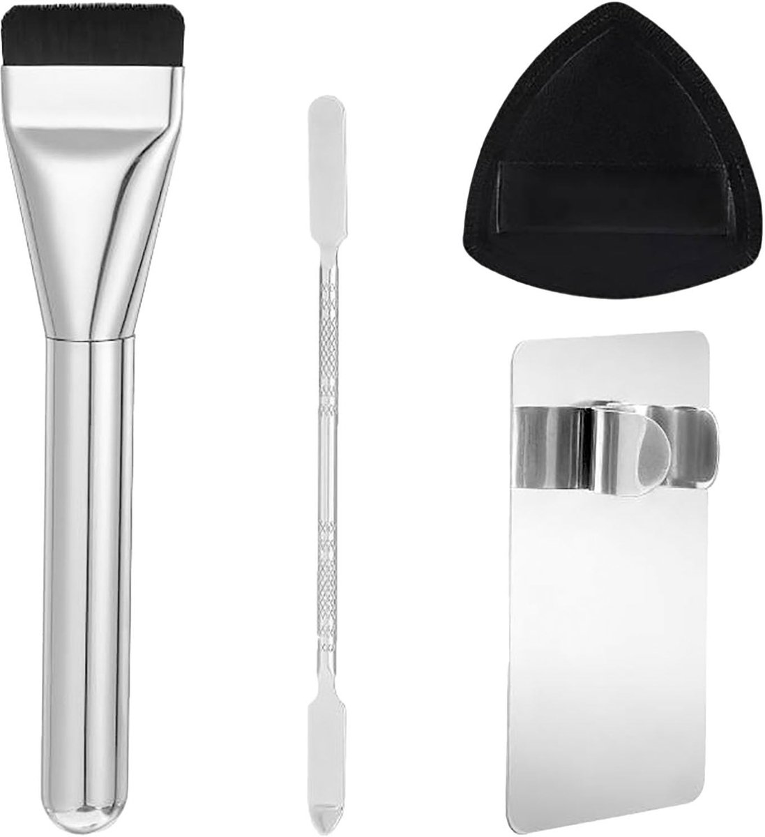 Dailygoods- Make-up Palet 4-delige Set - Roestvrij Stalen Spatel - Foundationkwast - Poederkwast - Cosmetisch Mengpalet - Duurzaam Materiaal