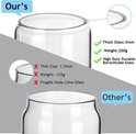 Vergelijking van dik borosilicaatglas van onze glazen met dun, breekbaar glas van andere glazen.