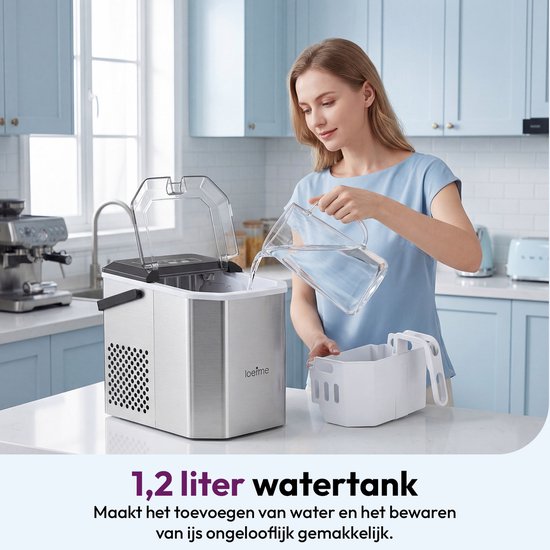 LOEFME RVS Ijsblokjesmachine - Ijsblokjesmaker met IJsschep & IJsmand - 1,2L - 12kg/24u - 6 min - Zelfreinigingsfunctie - Draaghandgreep - Zilver — afbeelding 2