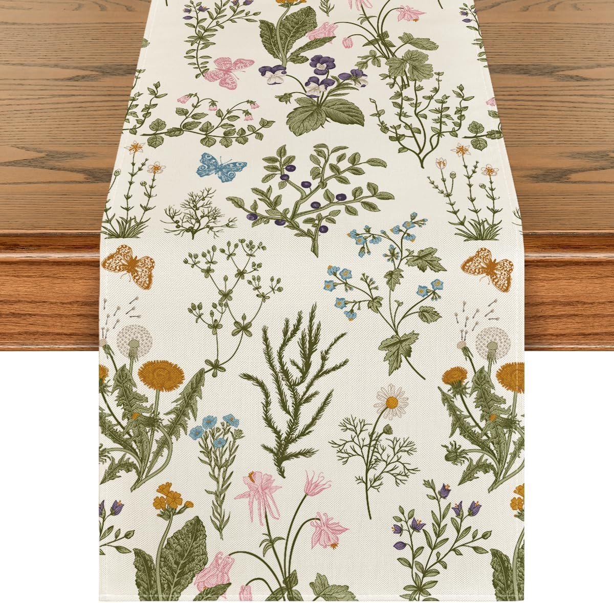 YAGXIG Tafelloper - Bloemen tafelloper - Lente tafelloper - Tafelloper in bohemian stijl - Vlinder- en bloemenpatroon - Tafeldecoratie - Keuken, eetkamer, feestdecoratie - 33*183cm