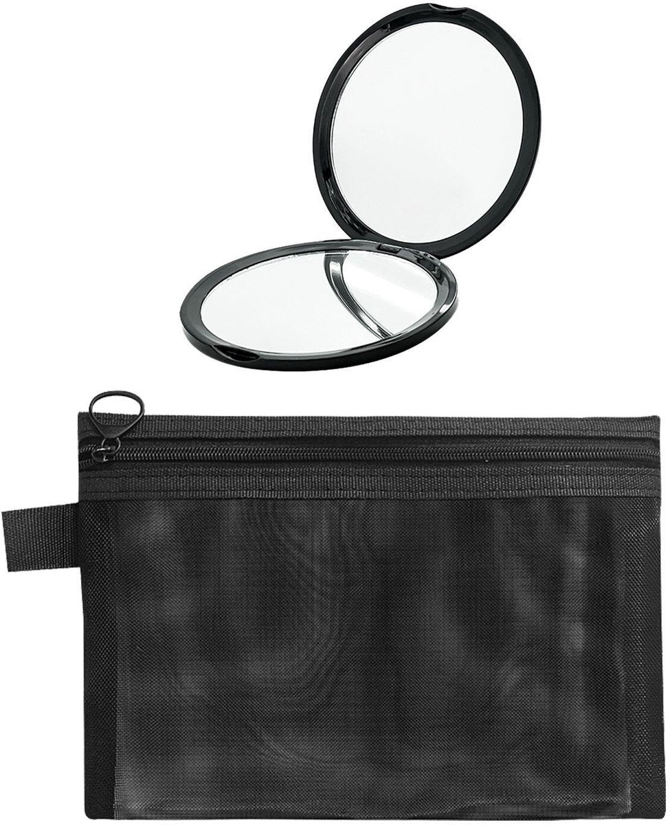 Dailygoods- Zakspiegel Compact - Handspiegel - Reisspiegel - Make-up Spiegel - Vouwspiegel - Zwarte Nylon Tas 22,5x18,5 cm