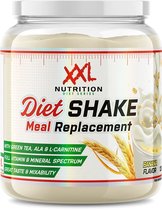 XXL Nutrition Diet Shake Banaan maaltijdvervanger. Pot met bananensmaak poeder, met afbeelding van havermout en melk.