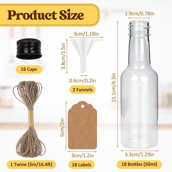 Dailygoods - 18 stuks mini-flesjes kunststof likeurflessen, 50 ml kleine flessen om te vullen met 2 mini-trechters, 18 etiketten van kraftpapier en 5 m henneptouw, kleine borrelflessen voor bruiloften, feesten van Dailygoods — afbeelding 5