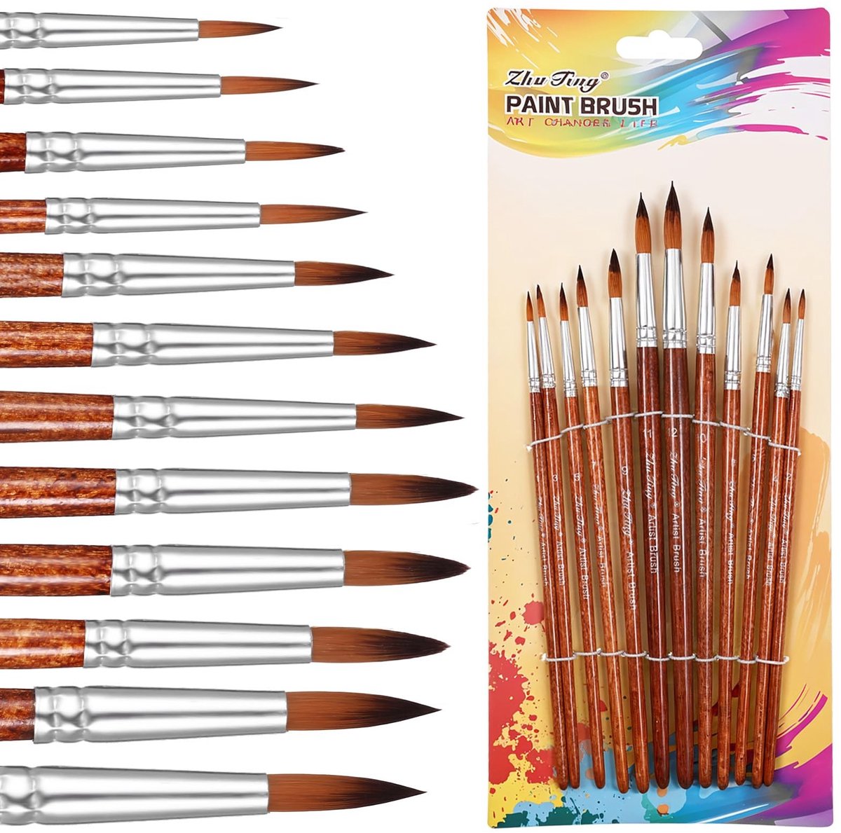 Dailygoods- Penseel Professionele Nylon Set - 12 Stuks Ronde Penselen - Lange Steel - Kunstenaarsborstel - Voor Aquarel/Acryl/Gouache - Verfkwasten