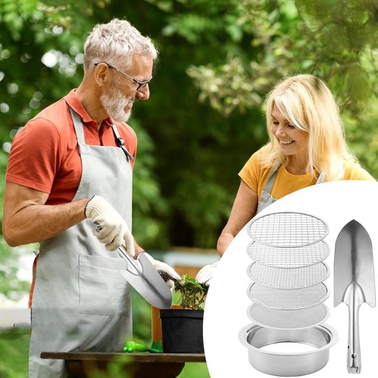 Grindzeef Set - Tuin Zeef - Bodem Verbeteren - 5 Verwisselbare Mazen - 20 cm Diameter - Zilverkleurig — afbeelding 2