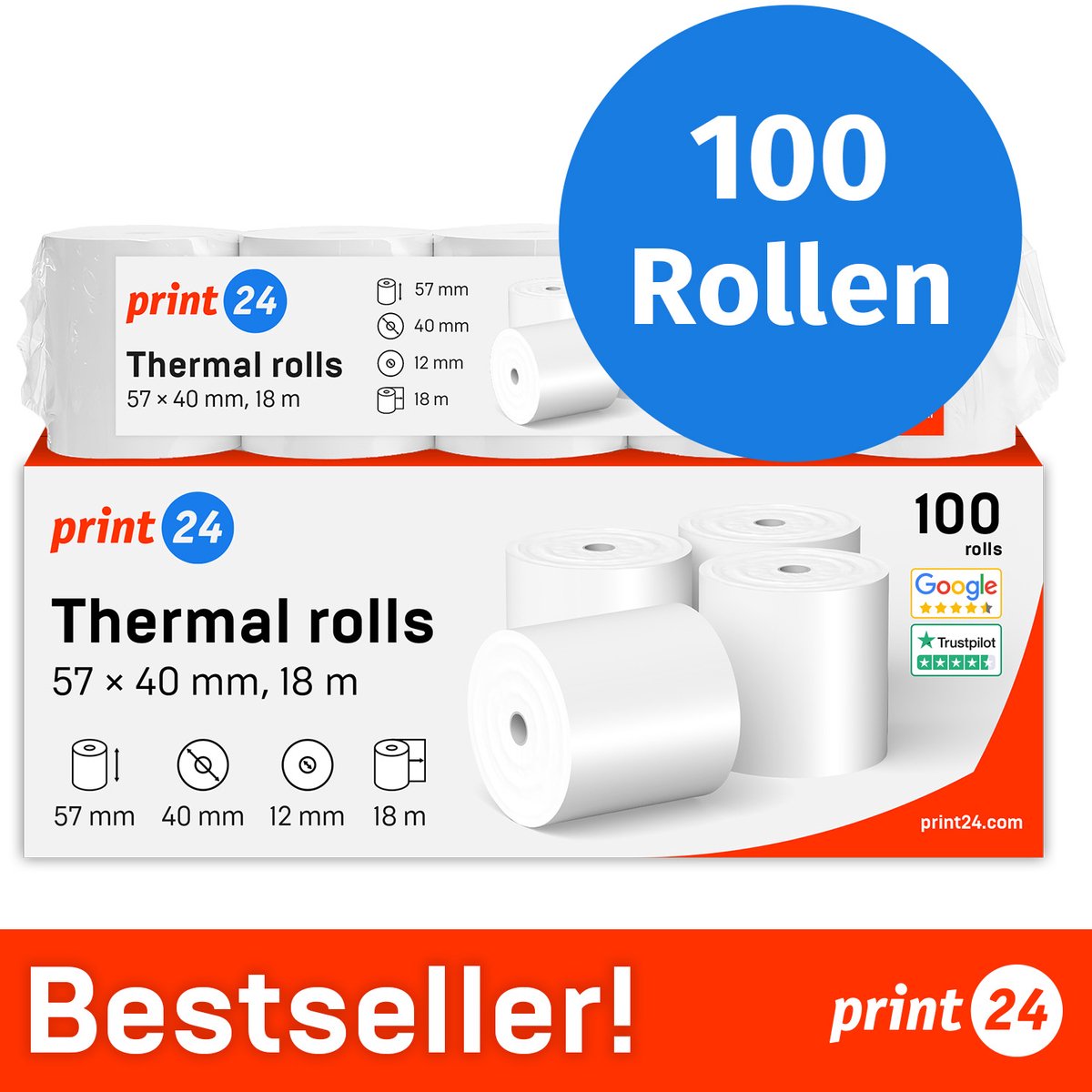 print24 thermorollen / kassarollen, 100 rollen, 57 mm x 40 mm x 12 mm, 18 m, PEFC, voor EPSON, IBM en vele andere merken.