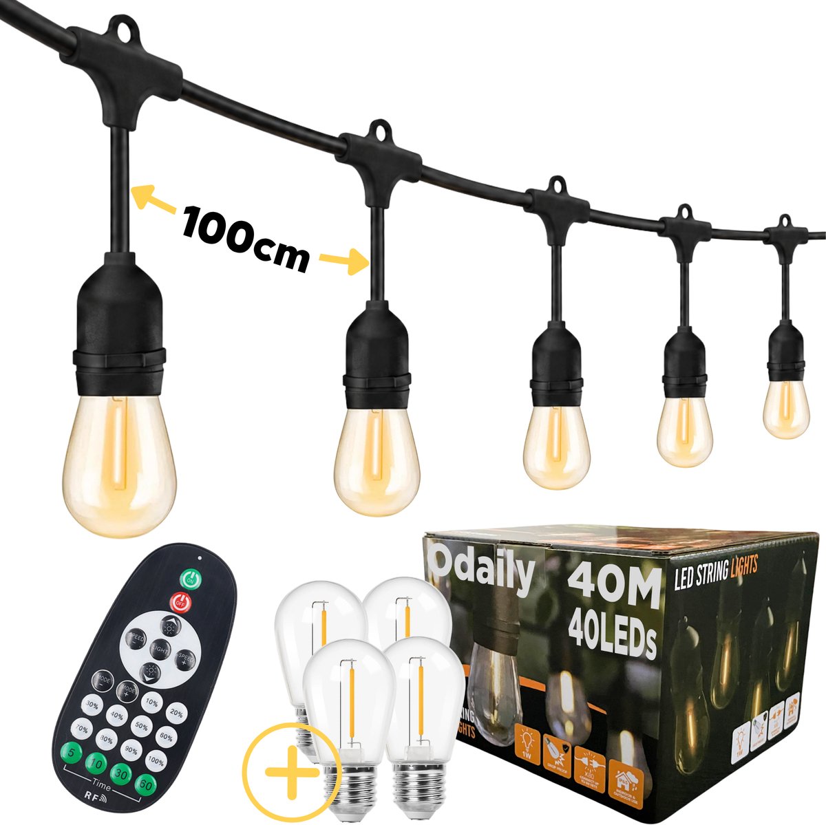 Odaily Lichtsnoer Buiten - 40 Meter - 40 LED Lampen - Warm Wit Licht - Dimbaar - Horecakwaliteit