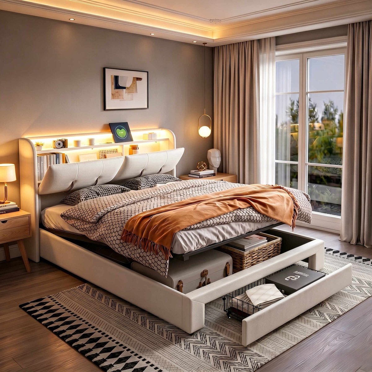 SHOPENTRA Opbergbed 160x200 cm beige fluweel met LED-hoofdbord, USB-oplaadpoort en hydraulische opbergruimte, modern gestoffeerd tweepersoonsbed