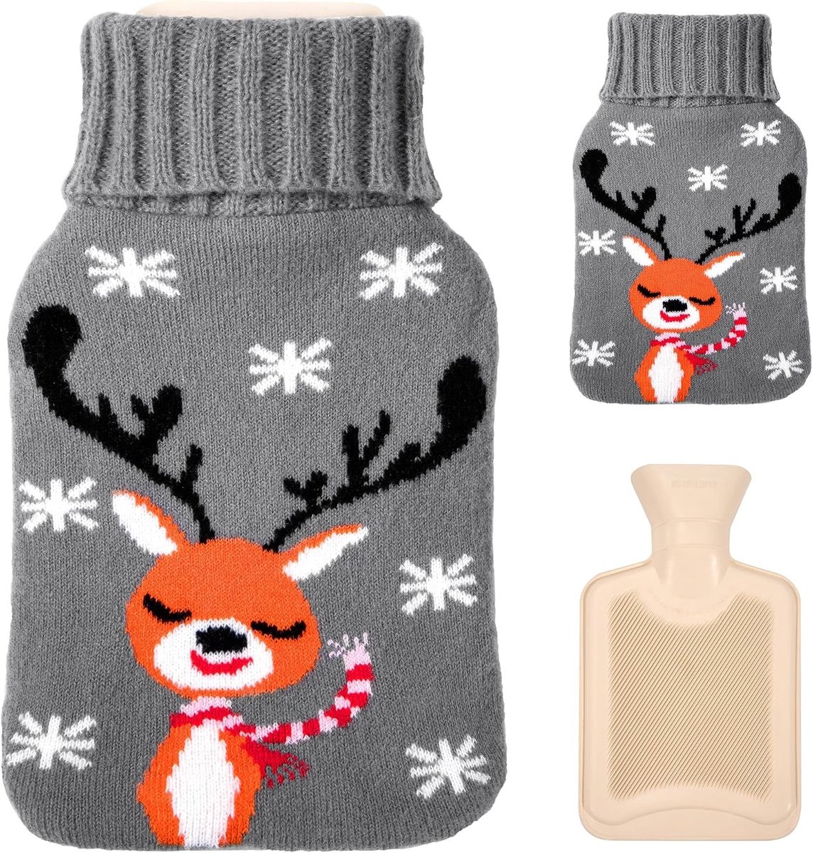 Rubber warmwaterkruik 800 ml met nethoes, hert en sneeuwvlokken motief voor pijnverlichting en verwarming van handen en voeten
