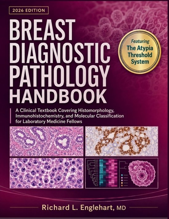 Leerboek 'Breast Diagnostic Pathology Handbook 2026' met paarse omslag, medische histologiebeelden en diagrammen.