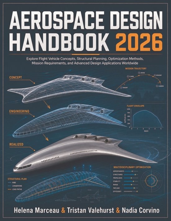Boekomslag 'Aerospace Design Handbook 2026' met futuristische vliegtuigen in concept, engineering en gerealiseerde stadia.