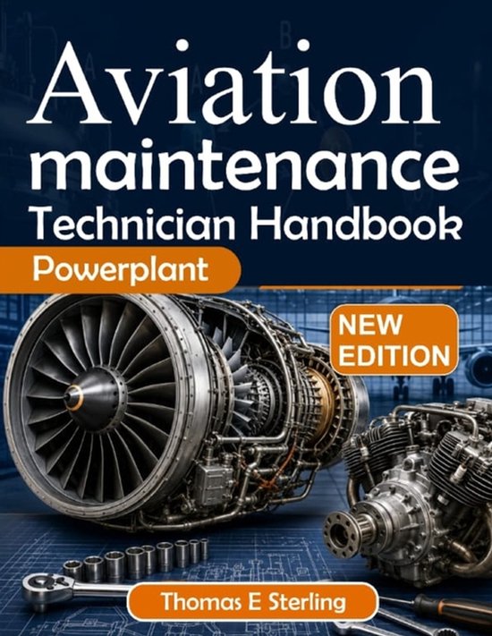 Aviation Maintenance Technician Handbook Powerplant met vliegtuigmotor en gereedschap op een blauwe blauwdruk.