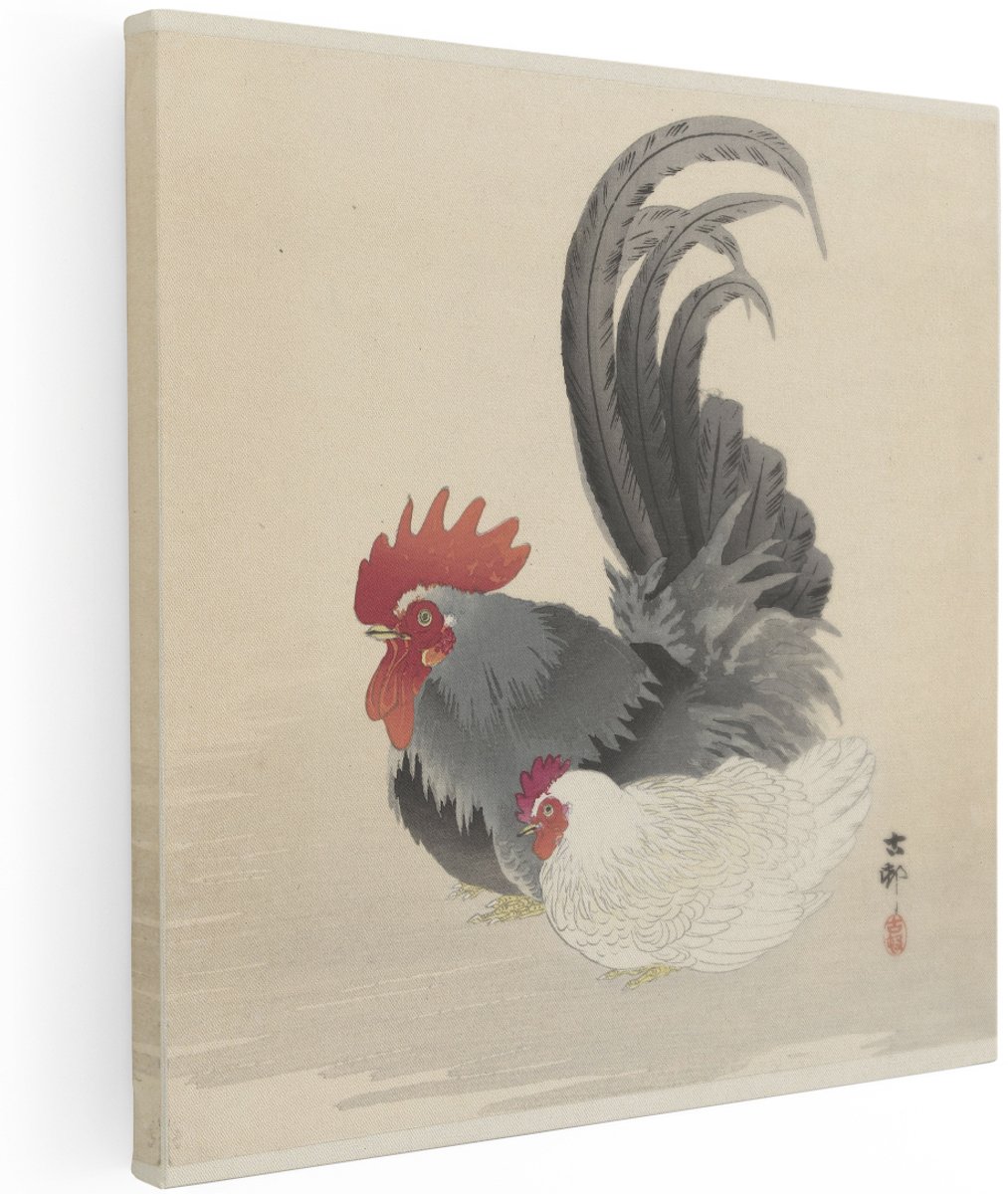 Artaza Canvas Schilderij Haan En Hen - 100x100 cm - Groot - Wanddecoratie Vogels - Muurdecoratie Japandi - Decoratie Japanse Houtsnede