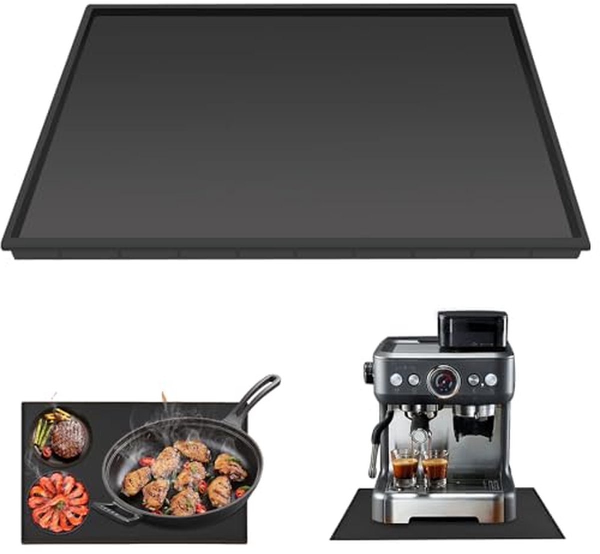 Siliconen mat - Onderlegger koffiezetapparaat - Keukenblad beschermen - Verhoogde anti-morsrand - 48 x 30 cm - Zwart