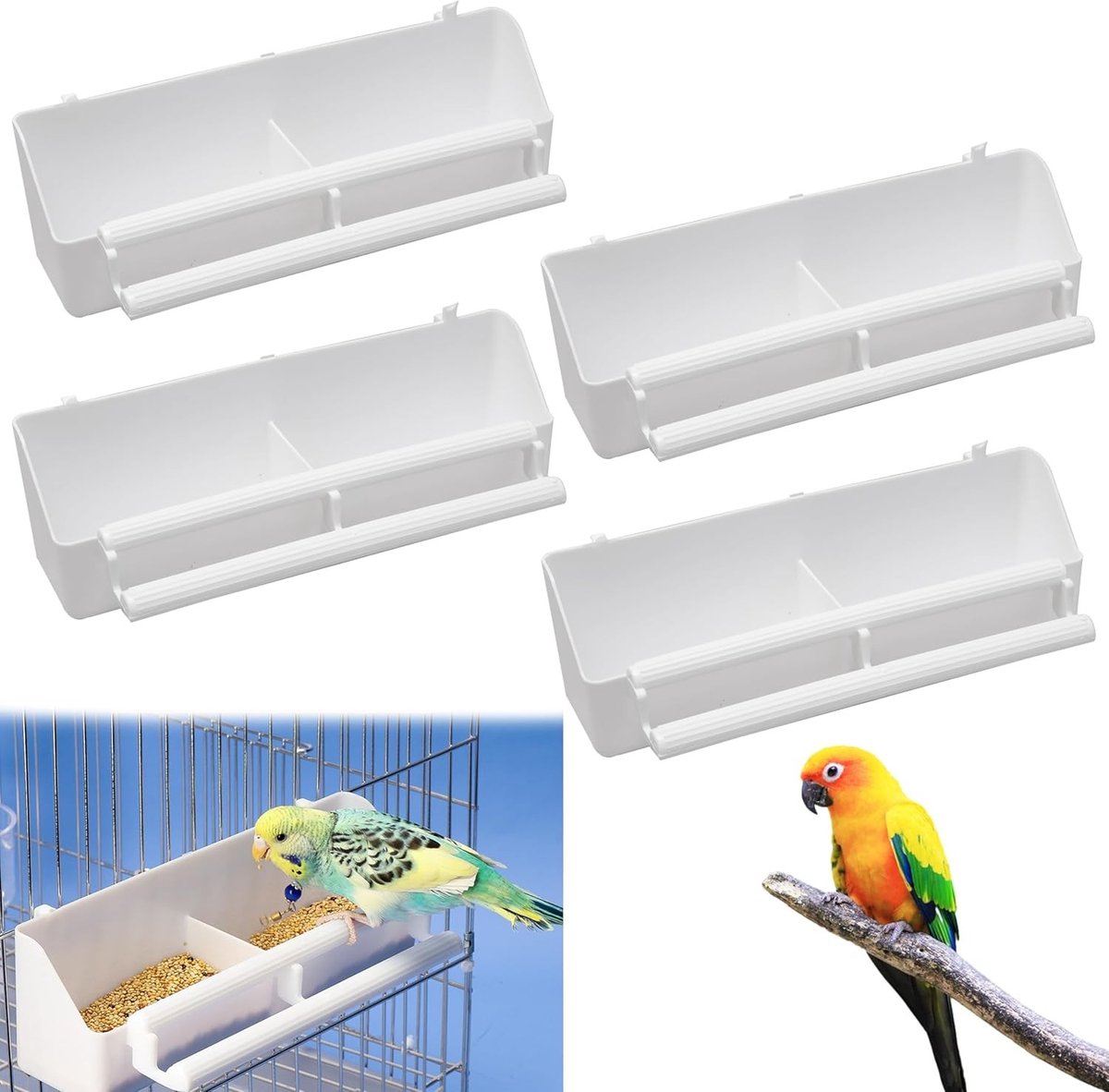 Set van 4 Vogelvoeders voor Kooi, Kunststof Voeders, Hangende Vogelvoeder voor Papegaaien, Kanaries en Duiven