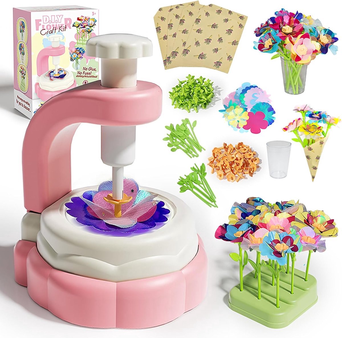 casalora - DIY Bloemenpret - Bloemen Knutselpakket voor Kinderen - Zelf Bloemen Boeketten maken - Omvat vazen, bloempotten, inpakpapier, accessoires, etc - Textiel Bloemblaadjes - Creatief Educatief speelgoed