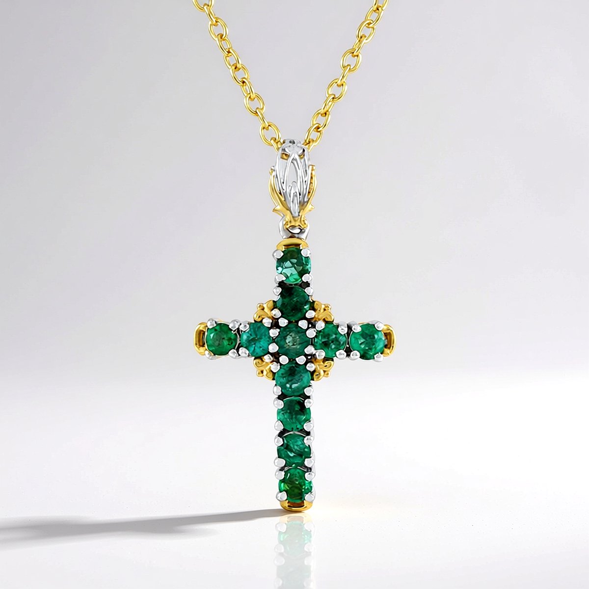 Cavill - Zilveren ketting 925 sterling zilver verguld - Zambia smaragd 0,792 ct - Elegante kruis hanger - 50 cm - Dames sieraden