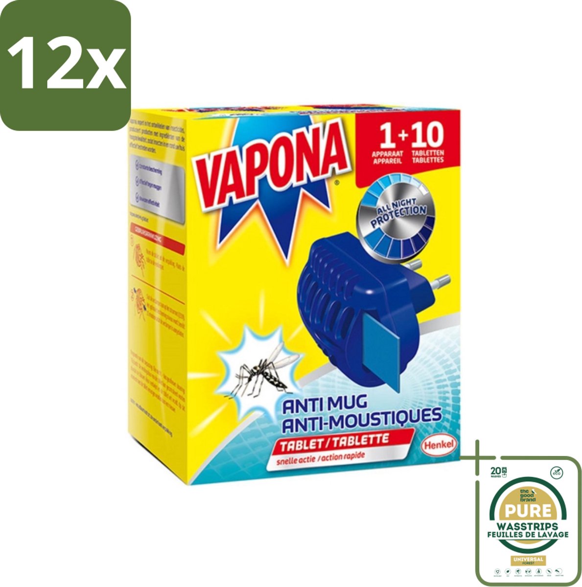 Vapona - Muggenstekker - 1 stekker En 10 Navultabletten - Voordeelverpakking - 12 stuks - Muggentabletten - Muggenwerende stekker